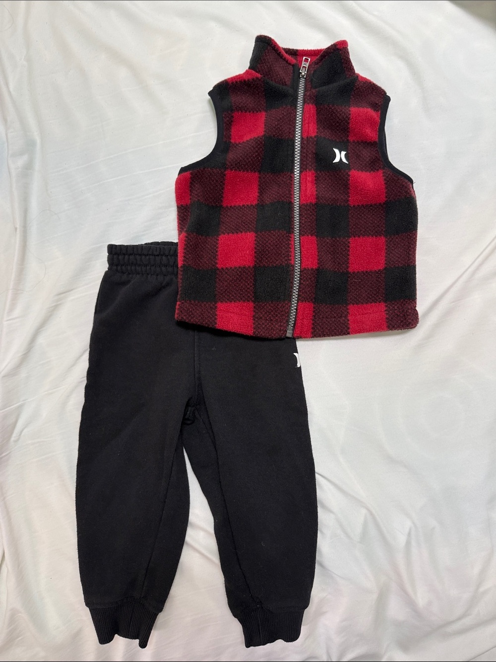 Hurley Red & Black Buffalo Plaid Fleece Vest with Black Joggers